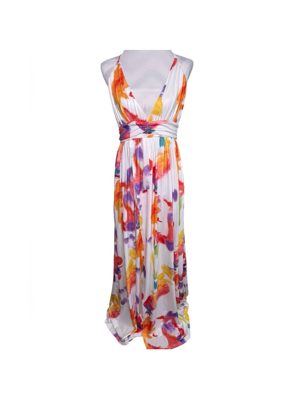 LORAGAL Floral Deep V Neck Floral Ruched Cinch Waist Maxi Dresses-Large NWT